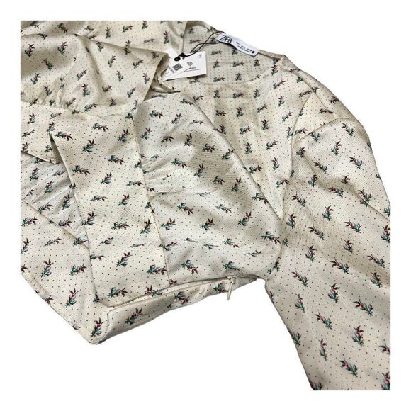 ZARA L SATIN SHOULDER PAD BLOUSE FLORAL & DOTS CREAM SLIT SEXY CROP BLOGGERS NEW - Picture 11 of 15